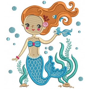 Pretty Mermaid Holding a Fish Filled Machine Embroidery Design Digitized Pattern